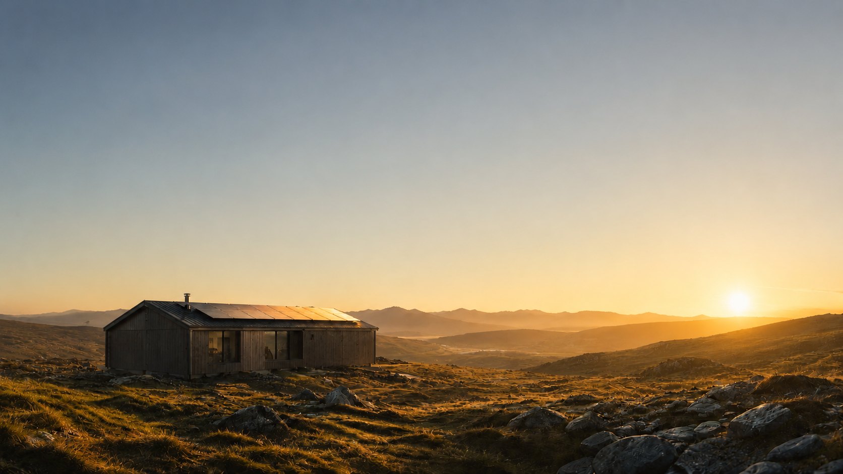 The same studio at sunrise, low sun across the hills